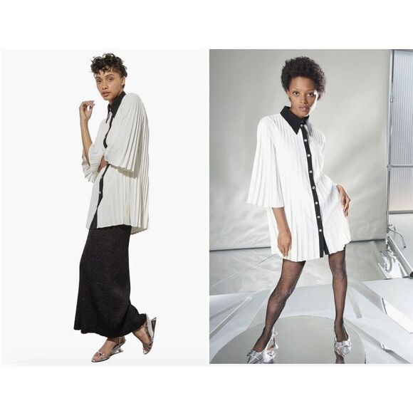 NEW Ming Wang Mini Pleated Shift Dress Contrast Trim Crepe de Chine White Medium - Picture 3 of 6